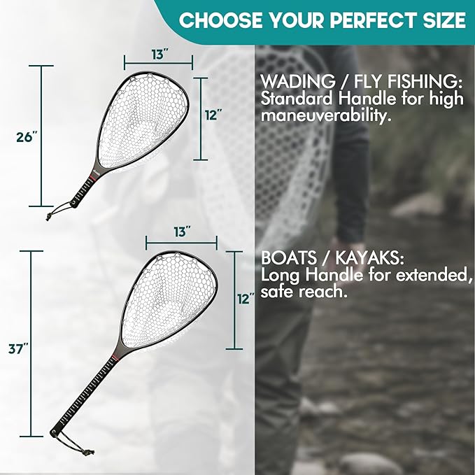 Riverruns Fly Fishing Landing Net Carbon Fiber Trout Net with Measurement Handle, Soft Rubber Mesh - 26" Standard (Wading) / 37" Long (Kayak)
