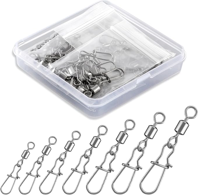 70 Pcs Corrosion Resistance Fishing Swivels & Snaps, 7 Sizes Detachable Snap Swivels, Convenience Pack Swivels Fishing Tackle for Recreational Fishing