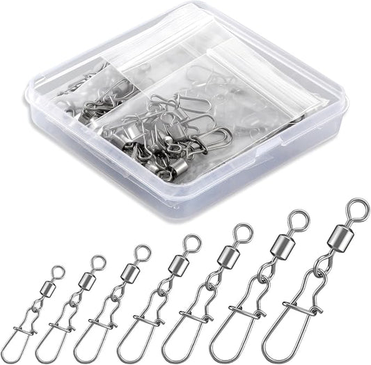 70 Pcs Corrosion Resistance Fishing Swivels & Snaps, 7 Sizes Detachable Snap Swivels, Convenience Pack Swivels Fishing Tackle for Recreational Fishing