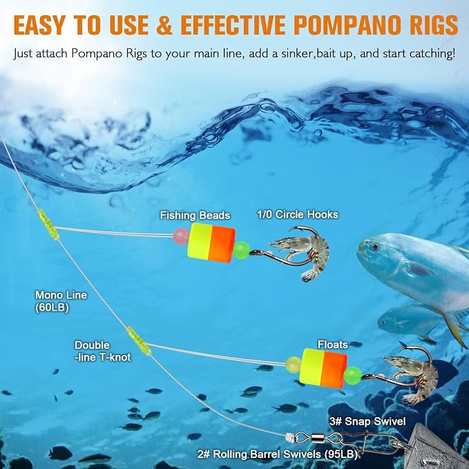 Dovesun 10PCS/4PCS Pompano Rigs for Surf Fishing Saltwater Fishing Rigs with Floats and Beads Unique Double-Line T-Knot Pre-Rigged Surf Fishing Gear & Tackle with Circle Hooks