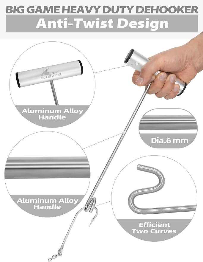 BLUEWING Fishing Hook Remover 12in/24in Stainless Steel Fish Dehooker Saltwater Push and Pull Dehooking Tool, Twist Resistance Design 1pc