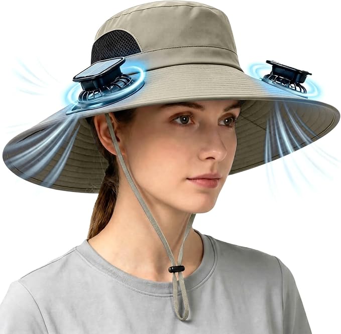 Solar Powered Fan Hat for Men Women Wide Brim Hat with 2 Fans UPF 50+ Outdoor Fishing Beach Sun Hat