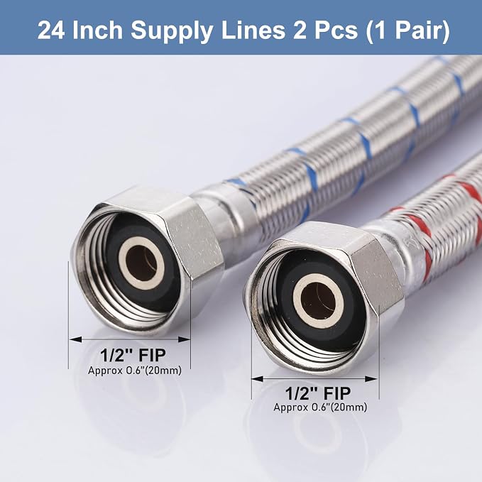 ARCORA 24-Inch Line Connects Kitchen Sink to Water Supply, Braided Stainless Steel cUPC Supply Lines 1/2 Inch FIP x 1/2 Inch FIP Sink Hose Attachment for Faucet 1 Pair
