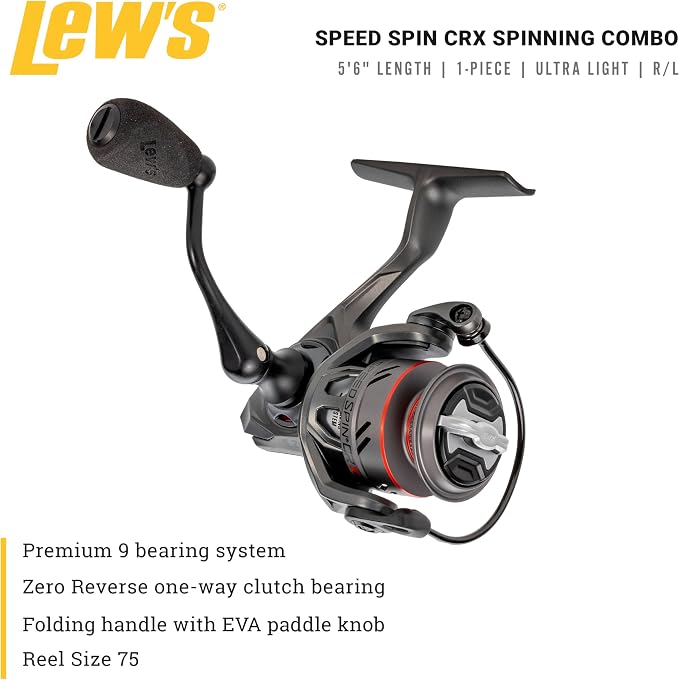 Lew's Speed Spin CRX Spinning Reel and Fishing Rod Combo, 5-Foot 6-Inch 1-Piece Rod, Ultra-Light Power, Fast Action, Size 75 Reel, 9+1 Bearings, 5.2:1 Gear Ratio, Speed Gears, Gray/Black/Red