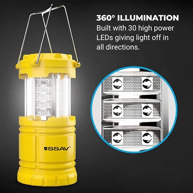 SSAV LED Camping Lantern, Emergency Lanterns for Power Outages & Hurricane Preparedness, Collapsible Portable Survival Lights for Camping, Storms & Emergencies, Batteries Included (2, Yellow)