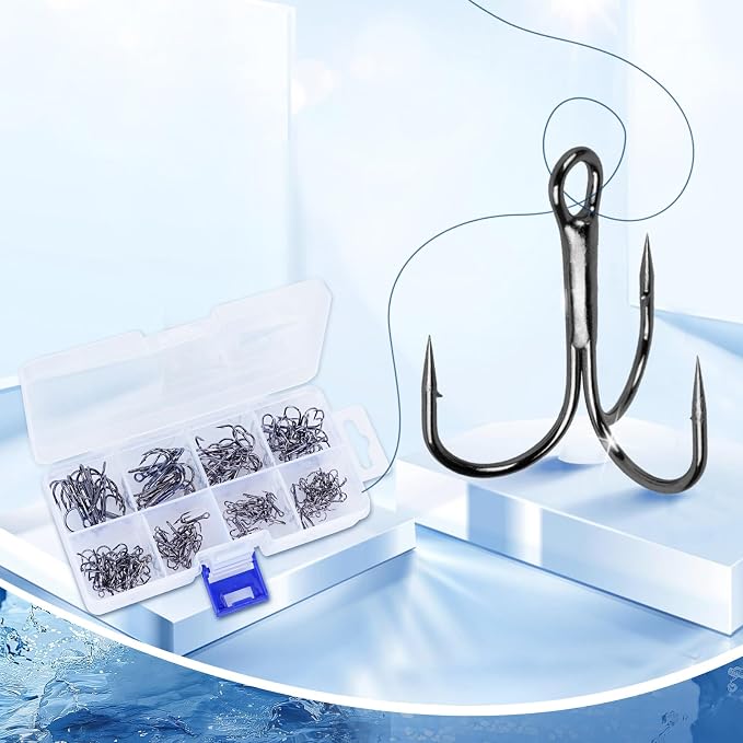 UCEC Fishing Hooks Treble Hooks Kit for Saltwater Freshwater, High Carbon Steel Strong Sharp Round Bend for Catfish Trout Hard Baits Lures, Size #1#2#4#6#8#10#12#14 110/50/210 Pack with Split Rings