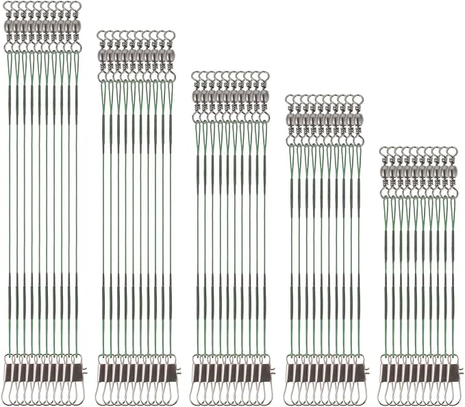 Giantree 50 Pcs Fishing Leaders, Stainless Steel Fishing Leaders with snap and Swivel, Anti-bite Stainless Steel Wire Leaders Fishing Leader Line for Fishing Rigs Saltwater and Freshwater