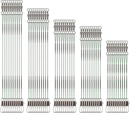 Giantree 50 Pcs Fishing Leaders, Stainless Steel Fishing Leaders with snap and Swivel, Anti-bite Stainless Steel Wire Leaders Fishing Leader Line for Fishing Rigs Saltwater and Freshwater