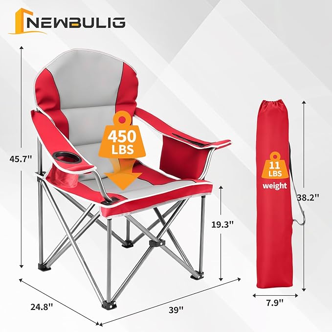 NEWBULIG Oversized Folding Camping Chair for Adults, Portable Outdoor Collapsible Chairs, 500 LBS Heavy Duty Support, with Cup Holders, for Lawn, Fishing, Hiking, Red
