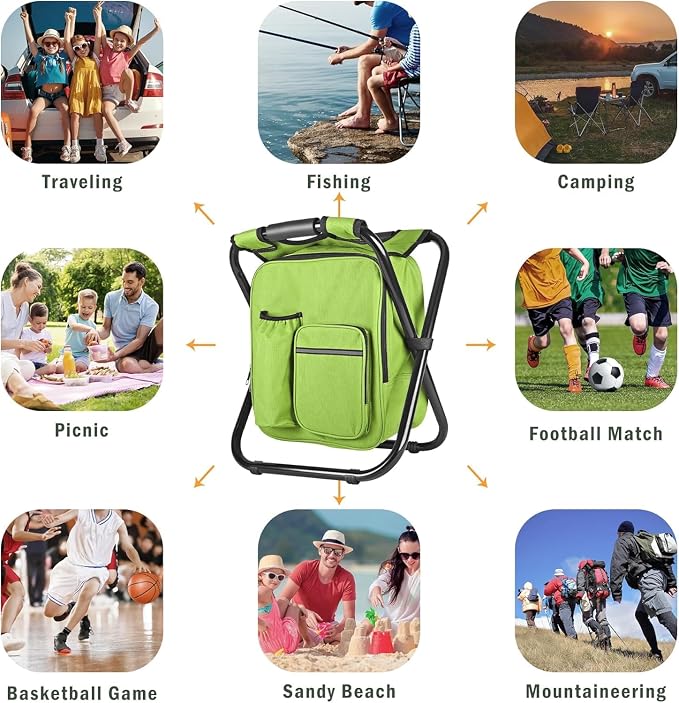 Kikerike Backpack Stool Cooler Chair Heavy Duty 300 LBS Max Load Portable Lightweight Stool Backpack Folding Fishing Cooler Seat for Camping Hunting Fishing - Grass Green