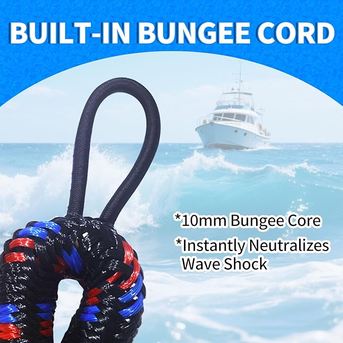 4-Pack Bungee Dock Lines for Boats with Loops, Boat Tie Downs for Docking, Adjustable Boat Mooring Rope for Pontoon, Jon Boat & PWC (Black, Blue & Red, 4 FT)