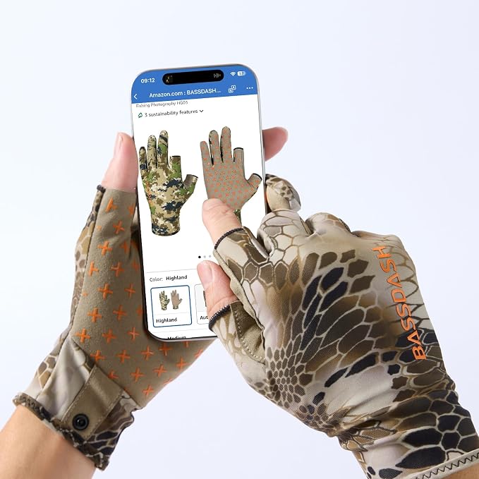 BASSDASH Unisex Fingerless Camo Hunting Gloves for Men's Women's Early Season Warm Weather UPF 50+ Lightweight Fishing Photography HG03
