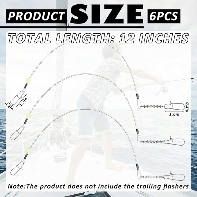 Threlaco 6 Pcs Trolling Bumper for Trolling Flashers Dodgers Fishing Leader Saltwater Leader Line Bottom Rigs Clear Nylon Surf Fishing Steel Tackle Rigs with Swivel Snaps Beads
