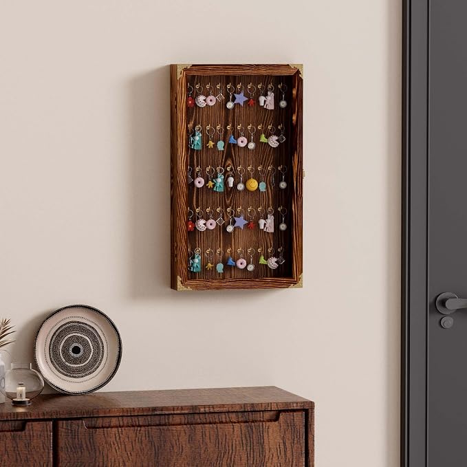 tonchean Keychain Display Case Wall Cabinet Fishing Lures Baits Display Case Pocket Watches Display Case, 24.4in(H) x14.2in(Wx2.6in(D), Brown