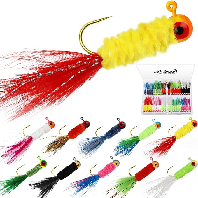 Dovesun Crappie Jigs, Jig Heads with Feather Hand-Tied Marabou Jigs Ice | Fly Fishing Lures 10 Colors 1/32oz 1/16oz 1/8oz Fishing Hair Jigs for Panfish Sunfish Walleye 20-40pcs