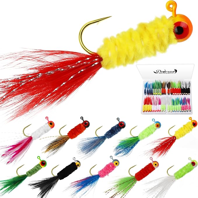 Dovesun Crappie Jigs, Jig Heads with Feather Hand-Tied Marabou Jigs Ice | Fly Fishing Lures 10 Colors 1/32oz 1/16oz 1/8oz Fishing Hair Jigs for Panfish Sunfish Walleye 20-40pcs