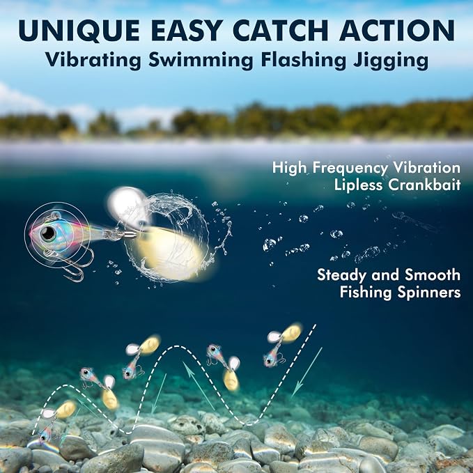 TRUSCEND Vibespinner Easy Catch Fishing Lures with BKK Hooks, Tail Spinner Baits with 4 Actions, Vibrating Swimming Flashing & Jigging for More Bites, Spoon Lures for Bass Trout Crappie Walleye Pike