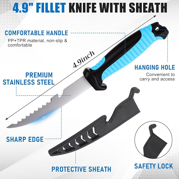 RoundFunny 13 Pcs Fishing Tool Kit, Fishing Pliers with Lanyard and Protective Sheaths, Fish Net, Fish Scaler Knife Fillet Mat, Digital Scale, Lip Gripper, Scissors Gloves Tape Storage Bag Dad Gifts
