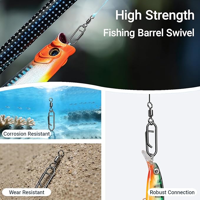 AMYSPORTS High Strength Saltwater Barrel Swivels Fishing Tackle Stainless Steel Line Connector Fishing Snaps Swivel Change Quick Fishing Clips Snap Black Nickel