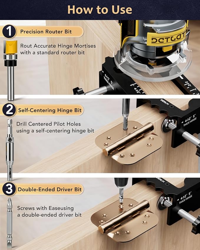 Door Hinge Jig Tool for Router, Adjustable Aluminum Alloy Mortise Jig Fits Door Hinges 2.5" -5", Door Hinge Template Installation Kit, 1/4" & 5/8" Radius and Square Corners, Black