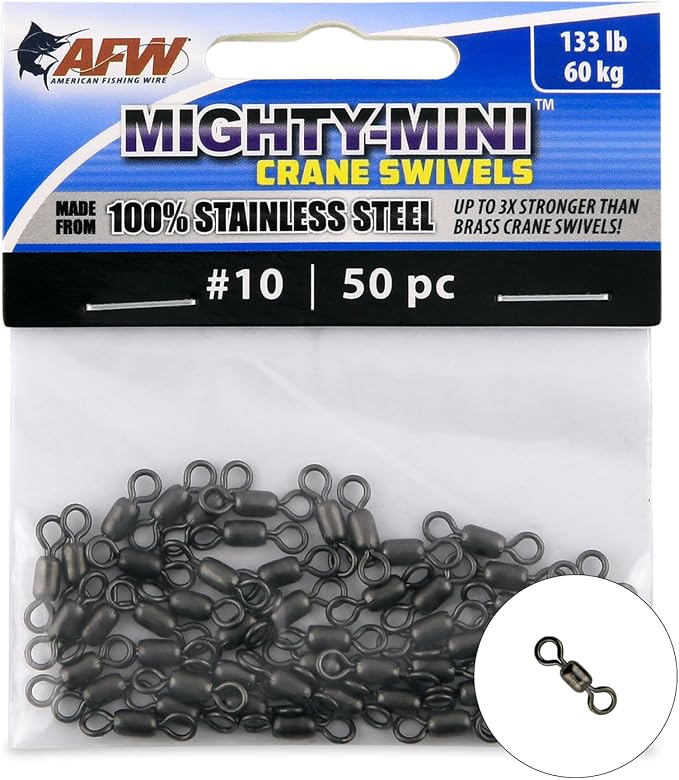 AFW American Fishing Wire Fishing Swivels - Mighty Mini 100% Stainless Steel Crane Swivels, 3X Stronger Than Brass, for Terminal Tackle Box, Up to 600lb Test - Fishing Gear for Fishing Line Leaders