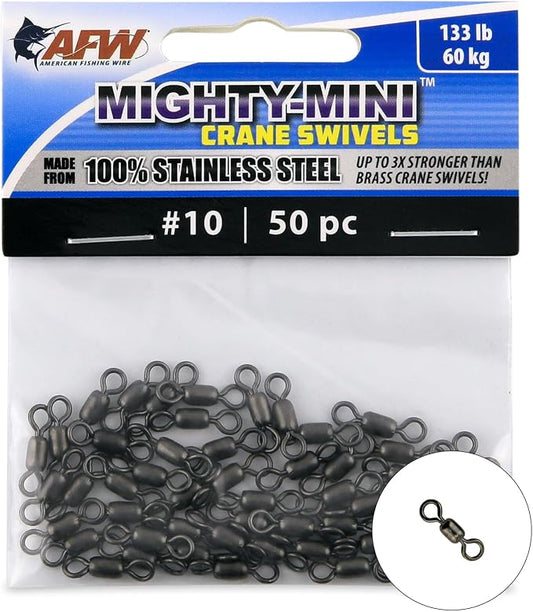 AFW American Fishing Wire Fishing Swivels - Mighty Mini 100% Stainless Steel Crane Swivels, 3X Stronger Than Brass, for Terminal Tackle Box, Up to 600lb Test - Fishing Gear for Fishing Line Leaders
