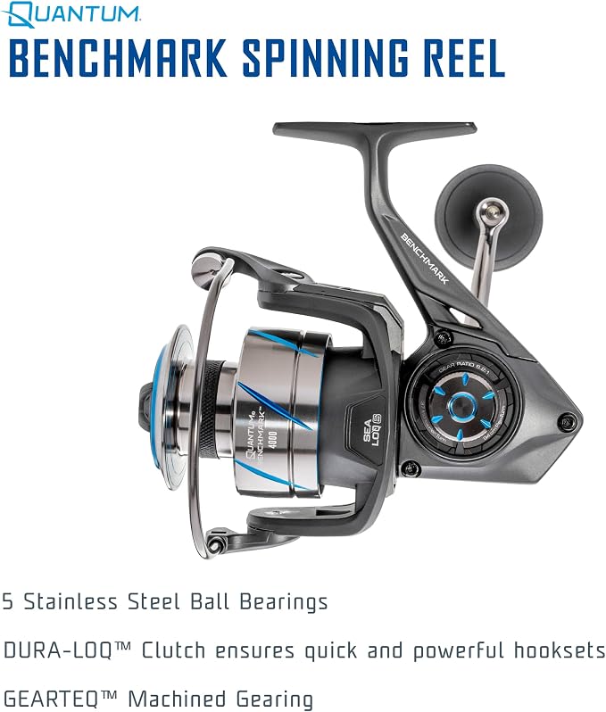 Quantum Benchmark Spinning Fishing Reel, 5+1 Bearings, Aluminum Frame, SEALOQ 6 Protection, GEARTEQ Machined Gears, CFX200 Carbon Fiber Drag, Silver/Blue