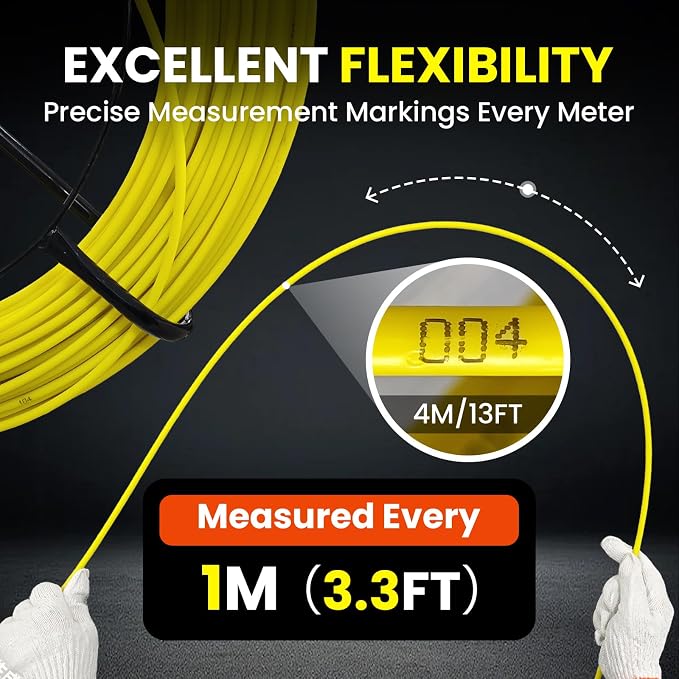 492FT 1/4 inch(6MM) Fish Tape Fiberglass with Meter Markings, Duct Rodder Cable Puller with Steel Reel Stand, Fishing Tools for Walls and Electrical Conduit, Non-Conductive