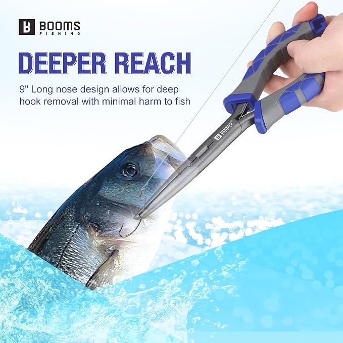 Booms Fishing Needle Nose Pliers: 9" Long Nose Hook Remover and Split Ring Fish Pliers with Lanyard and Sheath - XW10 Multi-Function Saltwater Fishing Gear, Blue & Gray