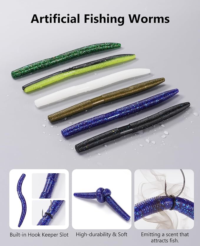 KEXMO 179PCS Wacky Worm Wacky Rig Kit for Bass Fishing, 48PCS 5.5" Worms Soft Plastic Lure with Salt Impregnation, 6 Premium Colors, 30 Hooks and 100 O-Rings with a Waterproof 3700 Tackle Box