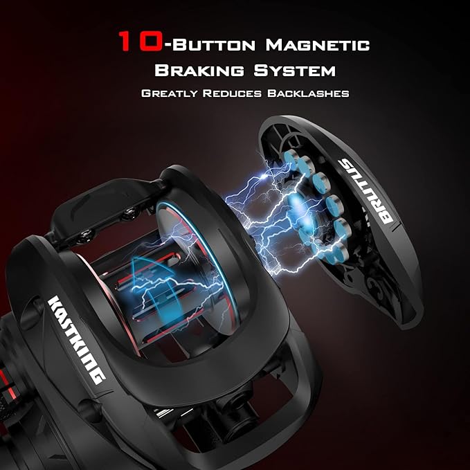 KastKing Brutus Baitcasting Fishing Reel, Graphite Frame, 7.2:1 Gear Ratio, 5+1 Shielded Stainless-Steel Ball Bearings,10 Button Magnetic Braking System, 17.6LB Carbon Fiber Drag, Aluminum Handle