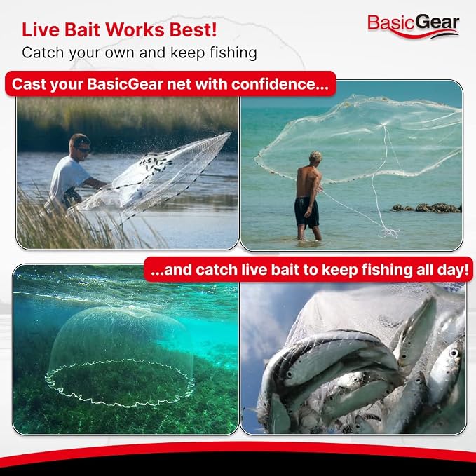 BasicGear Cast Net | Lead, 3ft-12ft Radius, 3/8 or 1/4 inch Mesh for Freshwater and Saltwater Bait Fish| Professional Grade and Upgraded Material | Throw Style