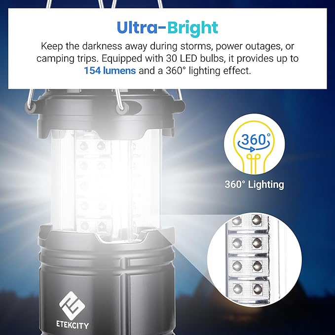 Etekcity Camping Lanterns for Power Outages 4 Pack, Flashlight for Camping Essentials, Survival Kit and Gear, Hurricane Preparedness Items, Emergency Led Battery Operated Lights, Black