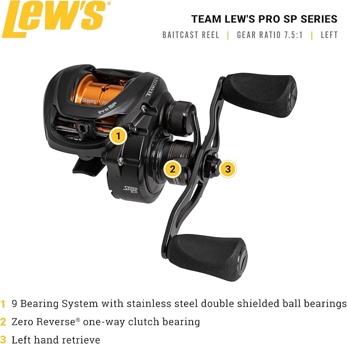 Lew's Team Lew's Pro SP Skipping and Pitching Reel, 8+1 Stainless Steel Ball Bearings, 7.5:1 Gear Ratio, Left-Hand Retrieve, Black