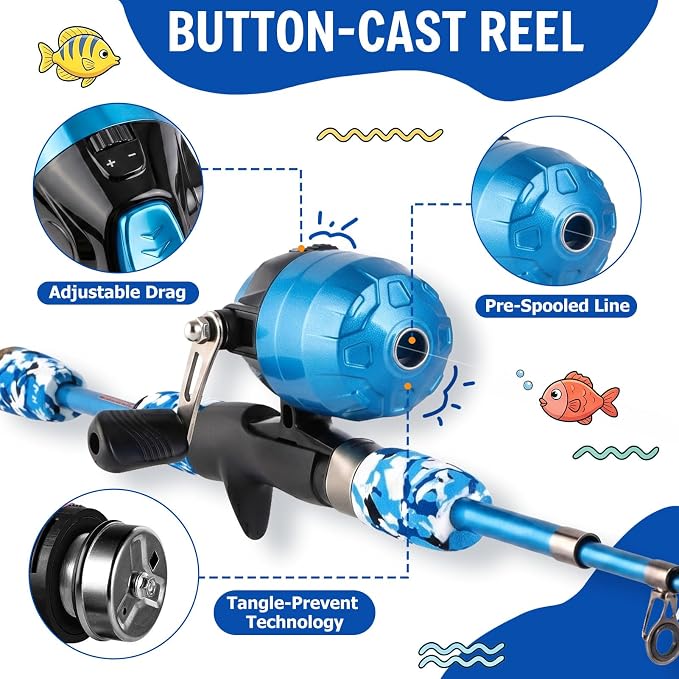 ODDSPRO Kids Fishing Pole - Portable Kids Fishing Rod and Reel Combo, Kids Fishing Gear with Tackle Box, Spincast Reel, Collapsible Chair and Bucket, Fishing Pole for Kids Boys Girls Toddler Youth 3+