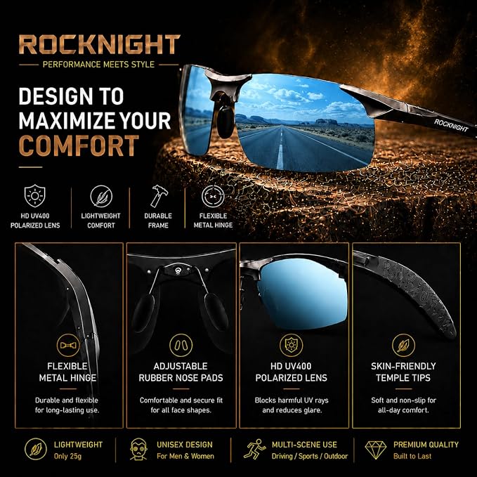 ROCKNIGHT Polarized Rectangular Sunglasses for Men Driving UV400 Protection Lightweight Al‑Mg Frame