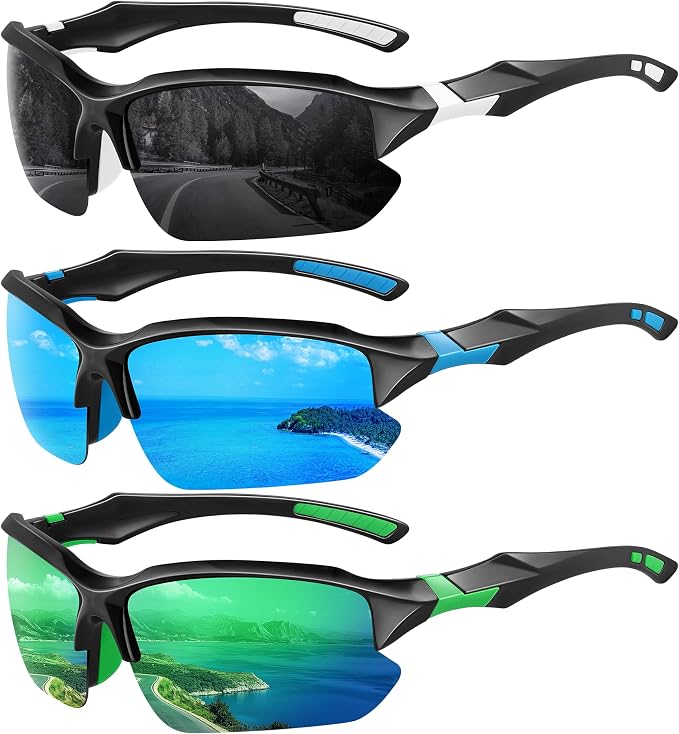 XVXV 3 Pack Polarized Sports Sunglasses for Men, UV Protection Half Frame Sunglasses Comfortable for Running Cycling Driving