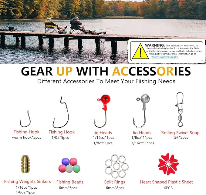 Fishing Lures Kit Set, Baits Tackle Including Crankbaits, Topwater Lures, Spinnerbaits, Worms, Jigs, Hooks, Tackle Box and More Fishing Gear Lures for Bass Trout