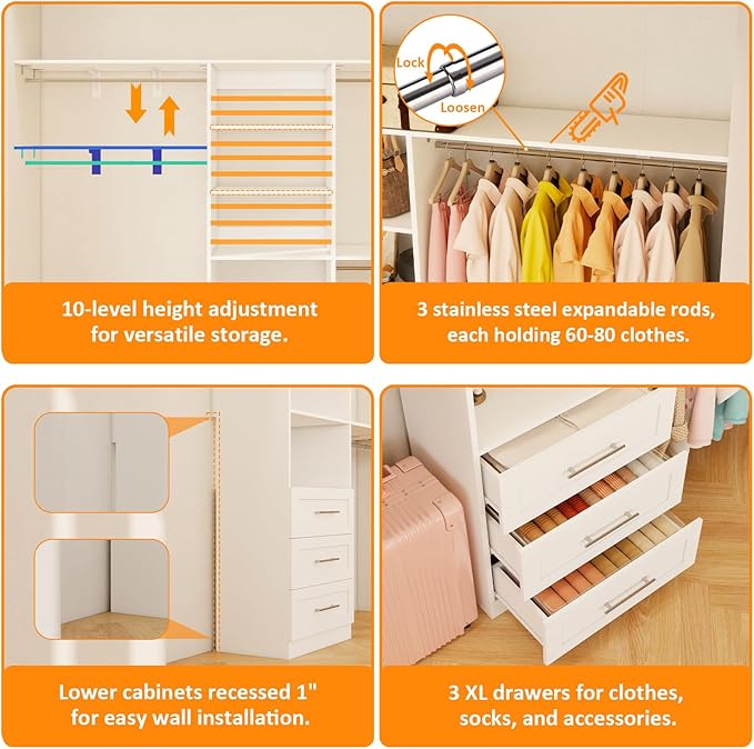 Closet System with Drawers, 5FT-8FT Closet Organizer System with 3 Side Top Shelves(Cuttable) & 3 Expandable Hanging Rods, 96" Walk in Closet Storage Shelving System, Walk in Closet System, White