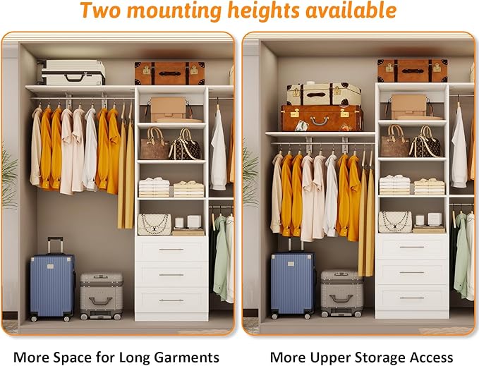 Closet System with 9 Drawers, 8.5FT-18FT Closet Organizer System Storage Storage Adjustable with 9 Cuttable Shelves for Walk in Closet with 9 Expandable Hanging Rods, 3 Sets , White