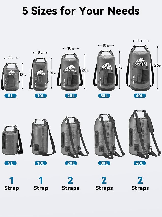 HEETA Dry Bag Waterproof for Women Men, 5L/10L/20L/30L/40L Roll Top Lightweight Dry Storage Bag Backpack with Phone Case for Travel Swimming Boating Kayaking Paddle Board Camping Beach Accessories