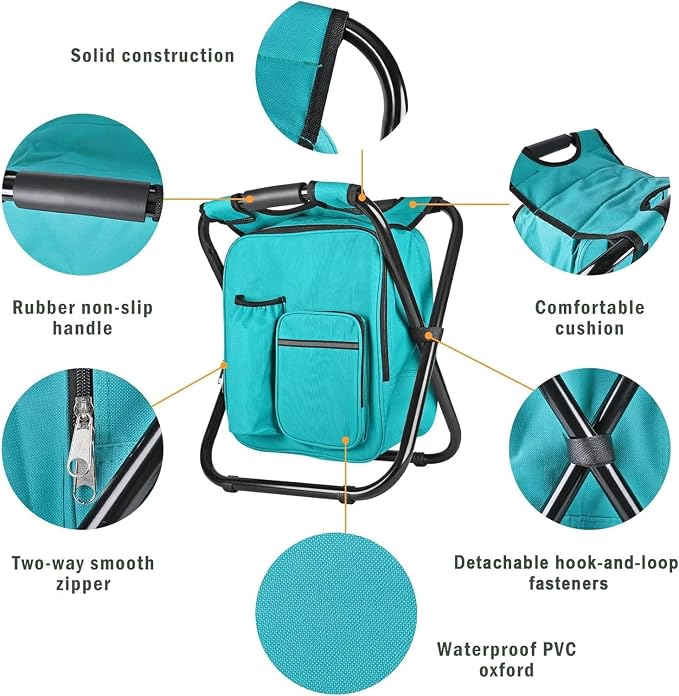 Kikerike Backpack Stool Cooler Chair Heavy Duty 300 LBS Max Load Portable Lightweight Stool Backpack Folding Fishing Cooler Seat for Camping Hunting Fishing - Blue-Green