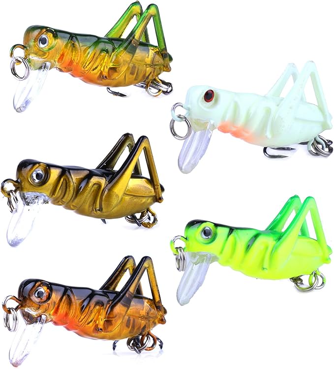 5pcs Crickhopper Cricket/Grasshopper Crankbait Fishing Lures, Grasshopper Bait Bionic Mini Fishing Topwater Lures for Freshwater and Saltwater for Bass Pike Walleye Trout Lures
