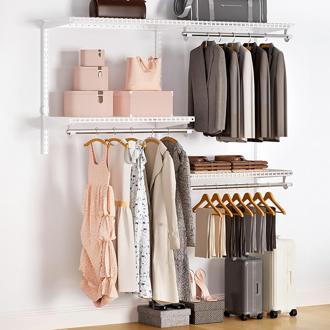 Wire Closet Organizer System, Wall Mounted 4.4 Ft. Custom Closet Kit for Bedrooms, Adjustable Storage Shelves for Clothes, Shoes, and Handbags