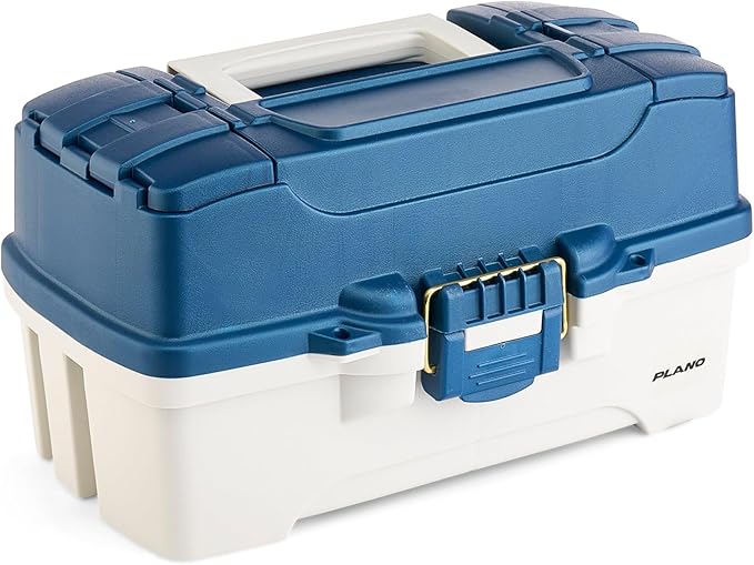 Plano Three-Tray Tackle Box, Blue/White, Rust-Proof Brass Latch, Top-Access Tray with Deep Storage, Made in the USA, Portable Fishing Gear Storage Organizer