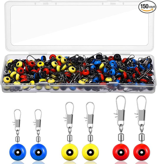 150 Pcs Fishing Line Sinker Slides Fishing Float Connector Rolling Swivels with Interlock Snaps for Catfish Carp Bass, Red Yellow Blue Color Coded 3 Sizes (Large, Medium, Small)