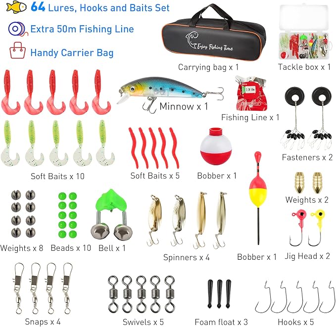 Kids Fishing Pole Kit, 59'' Telescopic Rod and Reel Beginner Combo with Spincast Reel,Tackle Box, Carrier Bag,Fishing Gear for Boys,Girls, Toddler,Youth