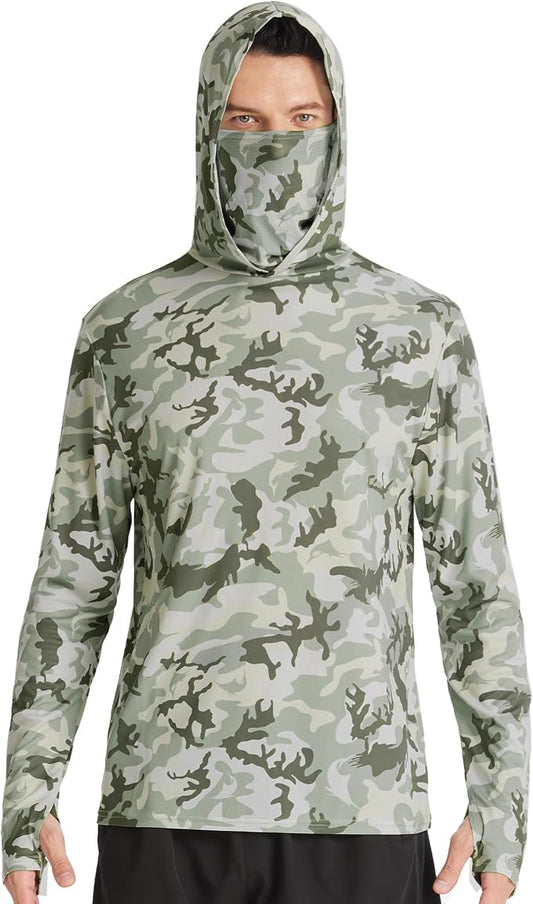 FISHEAL Men's Performance Fishing Hoodie Shirt - UPF 50+ Sun Protection Long Sleeve Thumbholes Shirts with Neck Gaiter