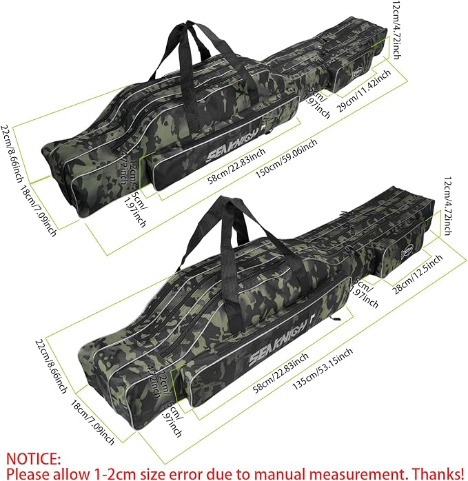 Seaknight Portable Fishing Rod Case - 2 Sizes (53.15in/59.0in) Oxford Fabric Tackle Storage Bag for Travel, Durable Rod Carrier for Freshwater & Saltwater Anglers (Black Camou, 150cm/ 59.0in)