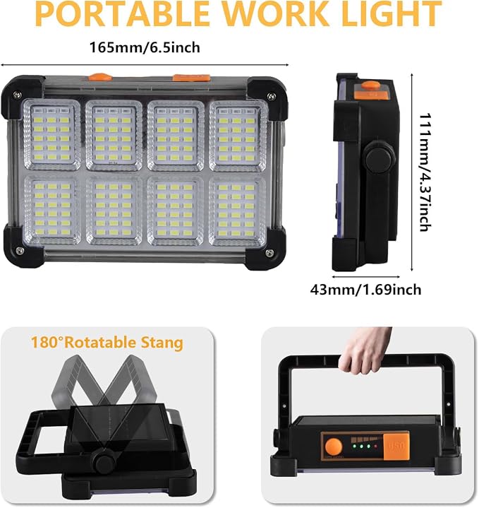 120W Solar Rechargeable Work Light, 144 LED Portable Flood Light with Stand, IP66 Waterproof 4 Modes LED Job Site Lighting Flashlights for Mechanic Camping Fishing Car Repair(Black 1 Pack)